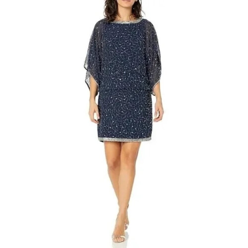 New J Kara Beaded Sequin Kimono Sleeve Black & Silver Short Dress Size 10